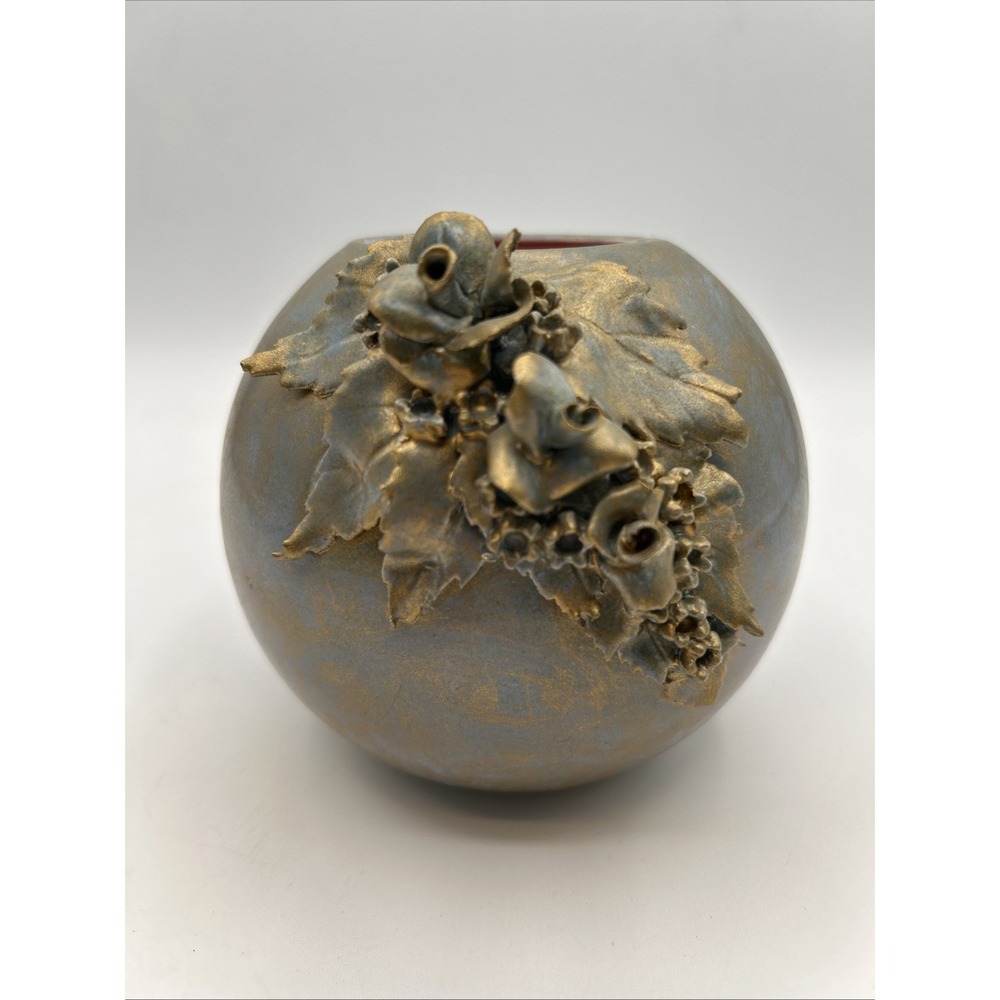 Round Art Pottery Ceramic Vase Applied Flowers JB Stamp Blue Gold 4.5"